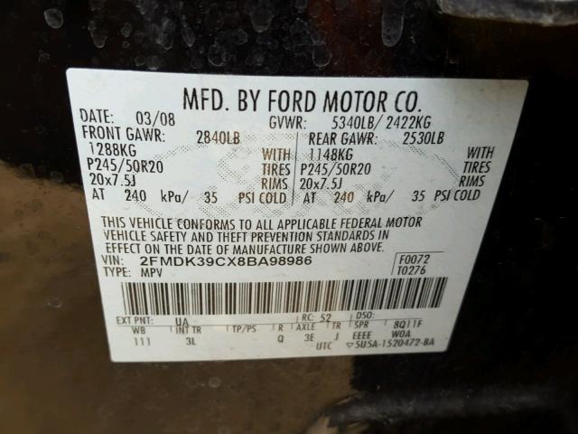 2FMDK39CX8BA98986 - 2008 FORD EDGE LIMIT BLACK photo 10