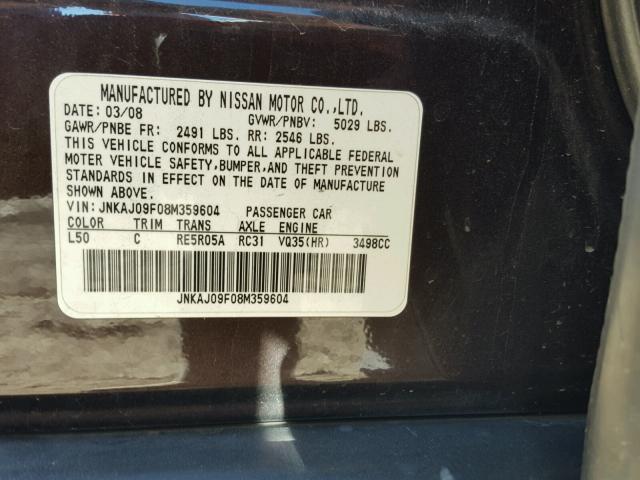 JNKAJ09F08M359604 - 2008 INFINITI EX35 BASE PURPLE photo 10