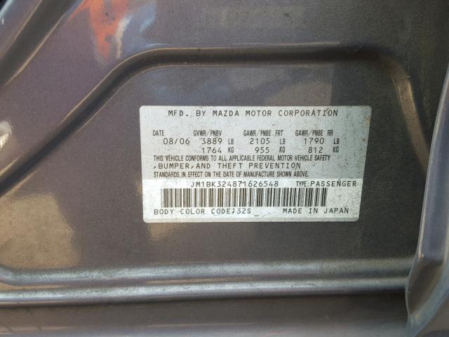 JM1BK324871626548 - 2007 MAZDA 3 S GRAY photo 10