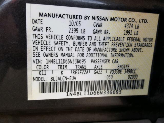 1N4BL11D66N336695 - 2006 NISSAN ALTIMA SE BLACK photo 10