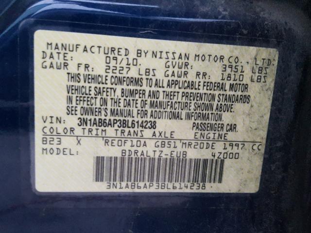 3N1AB6AP3BL614238 - 2011 NISSAN SENTRA 2.0 BLUE photo 10