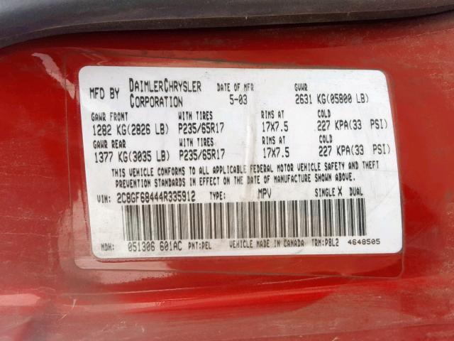 2C8GF68444R335912 - 2004 CHRYSLER PACIFICA RED photo 10