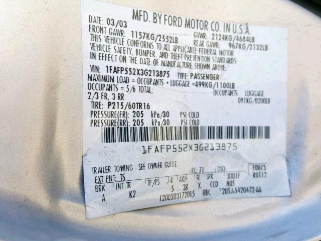 1FAFP552X3G213875 - 2003 FORD TAURUS SES SILVER photo 10