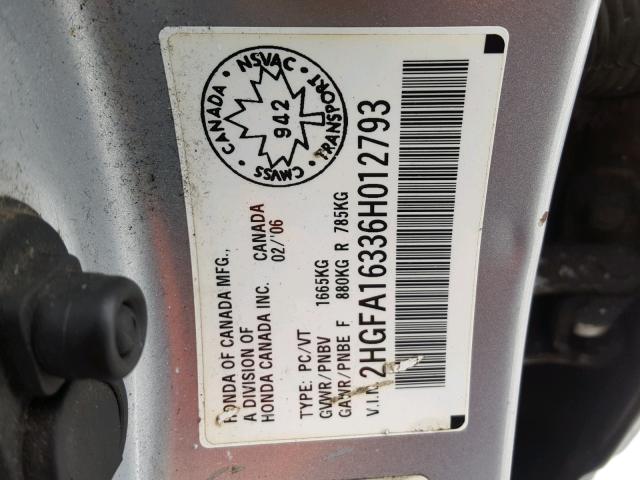 2HGFA16336H012793 - 2006 HONDA CIVIC DX V SILVER photo 10