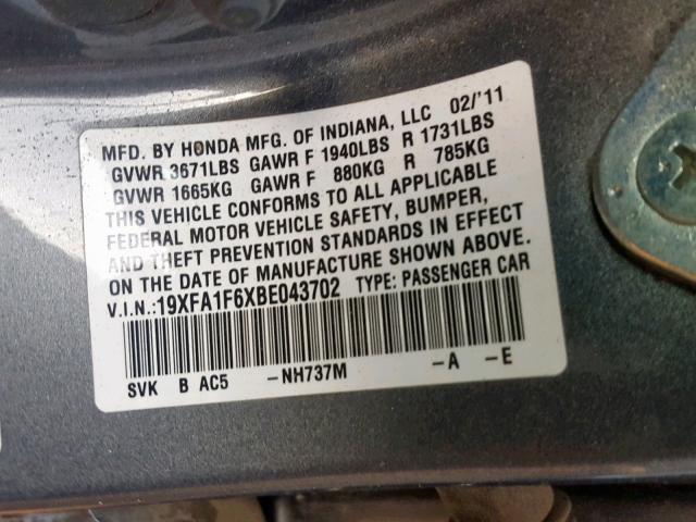 19XFA1F6XBE043702 - 2011 HONDA CIVIC LX-S Grafit foto 10