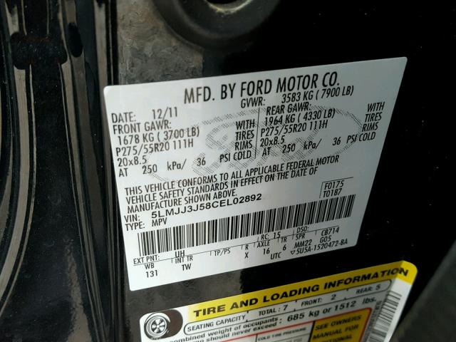 5LMJJ3J58CEL02892 - 2012 LINCOLN NAVIGATOR 黑色 照片 10