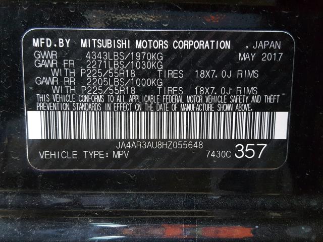 JA4AR3AU8HZ055648 - 2017 MITSUBISHI OUTLANDER BLACK photo 10