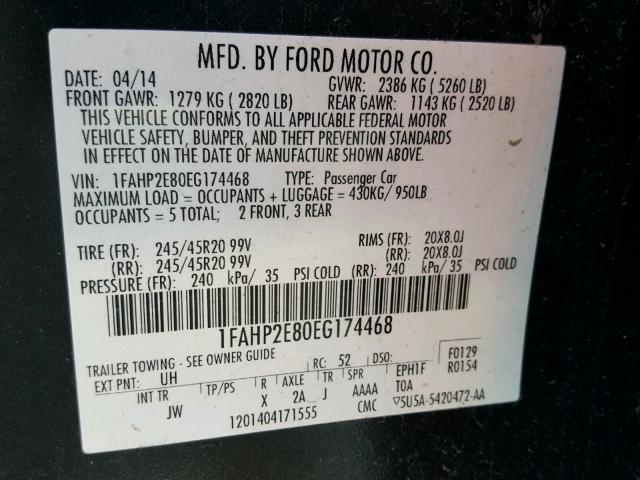 1FAHP2E80EG174468 - 2014 FORD TAURUS SEL BLACK photo 10