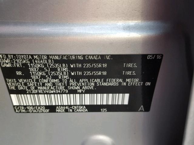 2T3DFREV4GW494779 - 2016 TOYOTA RAV4 LIMIT SILVER photo 10