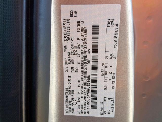 1FMCU0F70HUE93958 - 2017 FORD ESCAPE S SILVER photo 10