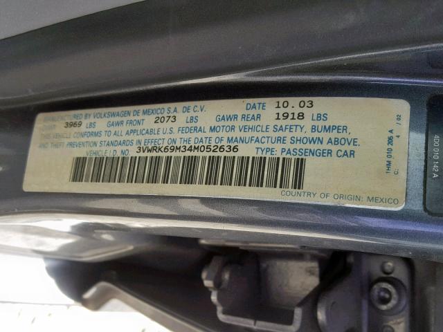 3VWRK69M34M052636 - 2004 VOLKSWAGEN JETTA GL GRAY photo 10