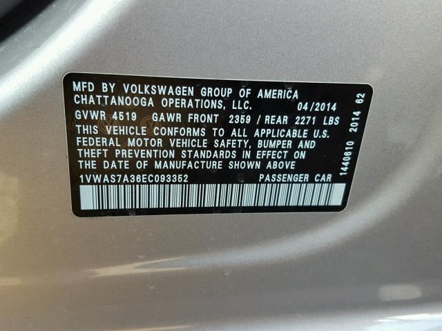 1VWAS7A36EC093352 - 2014 VOLKSWAGEN PASSAT S SILVER photo 10