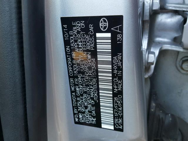 JTDKDTB39E1573454 - 2014 TOYOTA PRIUS C SILVER photo 10