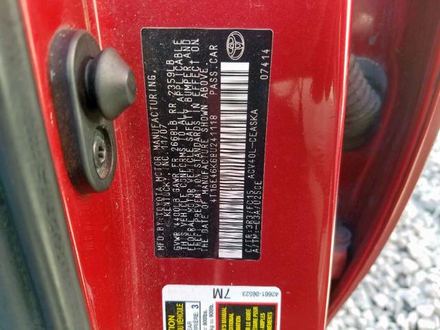 4T1BE46K68U241118 - 2008 TOYOTA CAMRY CE RED photo 10