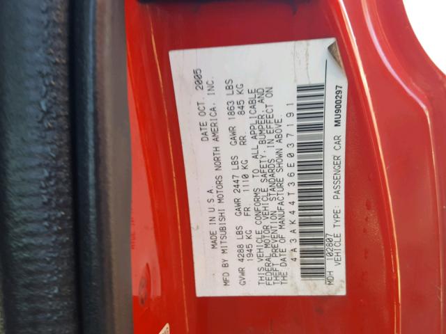 4A3AK44T36E037191 - 2006 MITSUBISHI ECLIPSE SE RED photo 10