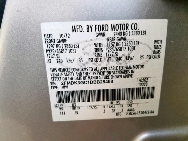 2FMDK3GC1DBB28468 - 2013 FORD EDGE SE SILVER photo 10