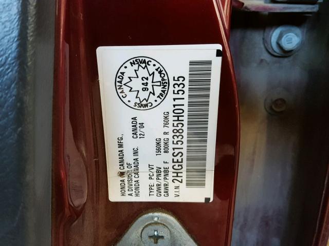 2HGES15385H011535 - 2005 HONDA CIVIC DX V BURGUNDY photo 10