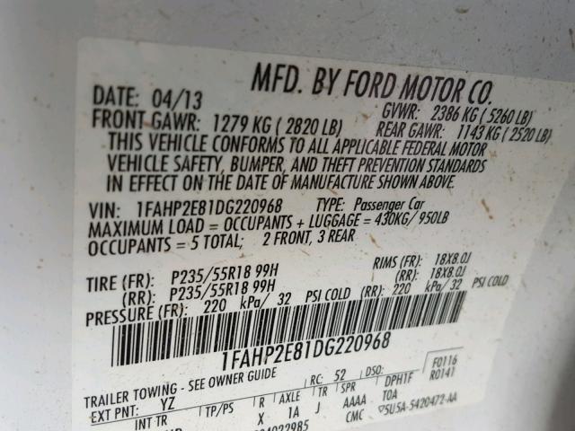 1FAHP2E81DG220968 - 2013 FORD TAURUS SEL WHITE photo 10