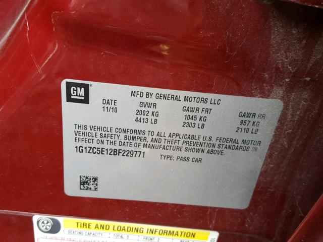 1G1ZC5E12BF229771 - 2011 CHEVROLET MALIBU 1LT MAROON photo 10