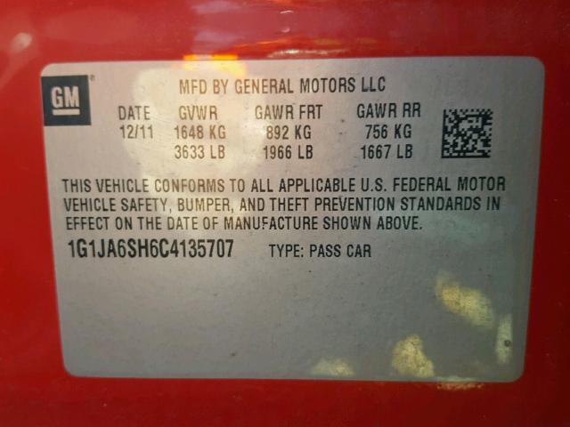 1G1JA6SH6C4135707 - 2012 CHEVROLET SONIC LS RED photo 10