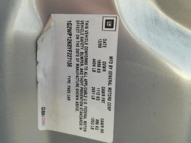 1G2WP12K8YF227136 - 2000 PONTIAC GRAND PRIX ვერცხლისფერი ფოტო 10