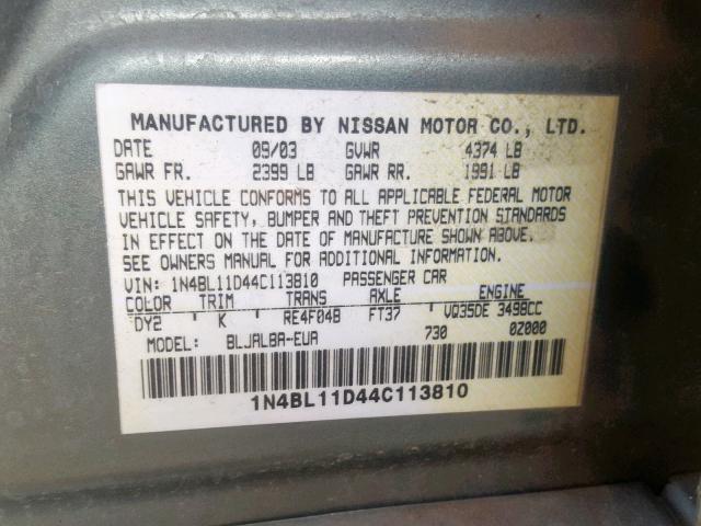 1N4BL11D44C113810 - 2004 NISSAN ALTIMA SE GREEN photo 10