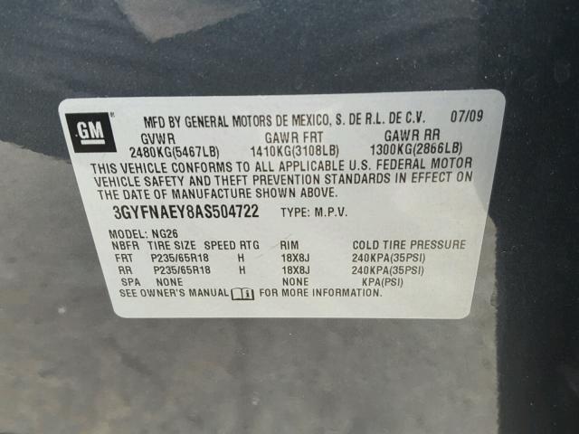 3GYFNAEY8AS504722 - 2010 CADILLAC SRX LUXURY GRAY photo 10