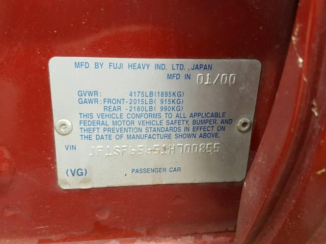 JF1SF65651H700855 - 2001 SUBARU FORESTER S RED photo 10
