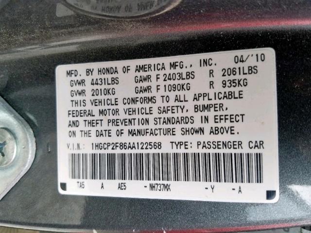 1HGCP2F86AA122568 - 2010 HONDA ACCORD EXL  photo 10