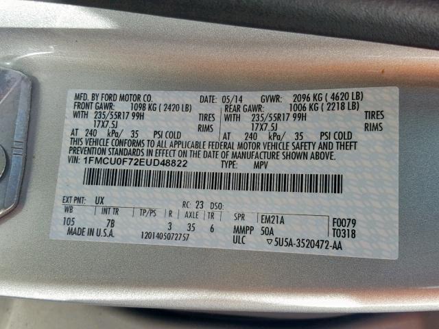 1FMCU0F72EUD48822 - 2014 FORD ESCAPE S SILVER photo 10