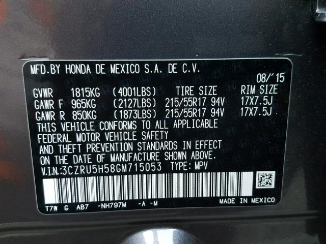 3CZRU5H58GM715053 - 2016 HONDA HR-V EX CHARCOAL photo 10