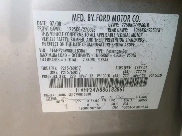 1FAHP24W88G183861 - 2008 FORD TAURUS SEL SILVER photo 10