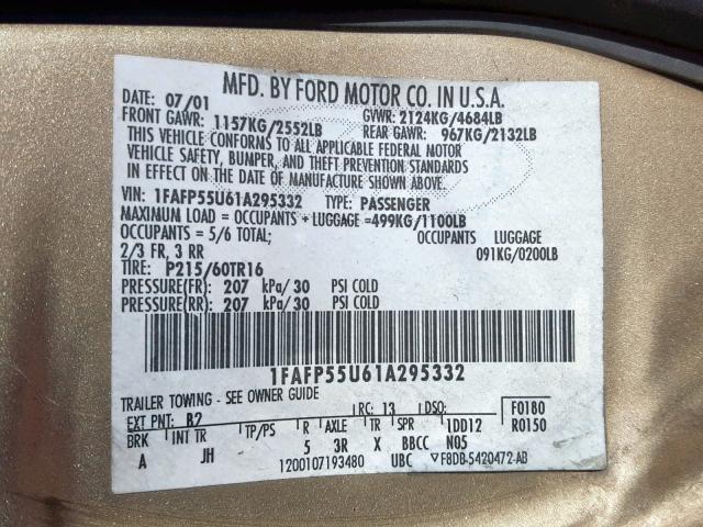 1FAFP55U61A295332 - 2001 FORD TAURUS SES GOLD photo 10