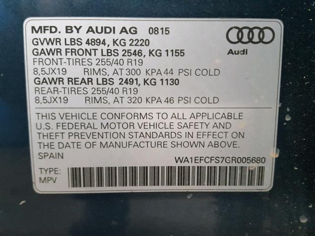 WA1EFCFS7GR005680 - 2016 AUDI Q3 PREMIUM BLUE photo 10