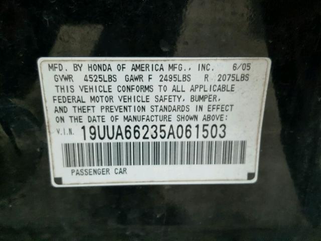 19UUA66235A061503 - 2005 ACURA TL BLACK photo 10