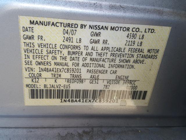 1N4BA41EX7C859201 - 2007 NISSAN MAXIMA SE SILVER photo 10