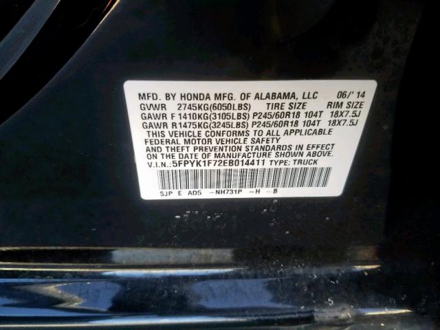 5FPYK1F72EB014411 - 2014 HONDA RIDGELINE BLACK photo 10