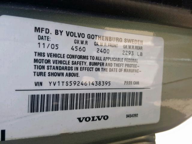 YV1TS592461438395 - 2006 VOLVO S80 2.5T GREEN photo 10