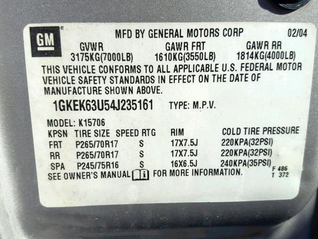 1GKEK63U54J235161 - 2004 GMC YUKON DENA BEIGE photo 10