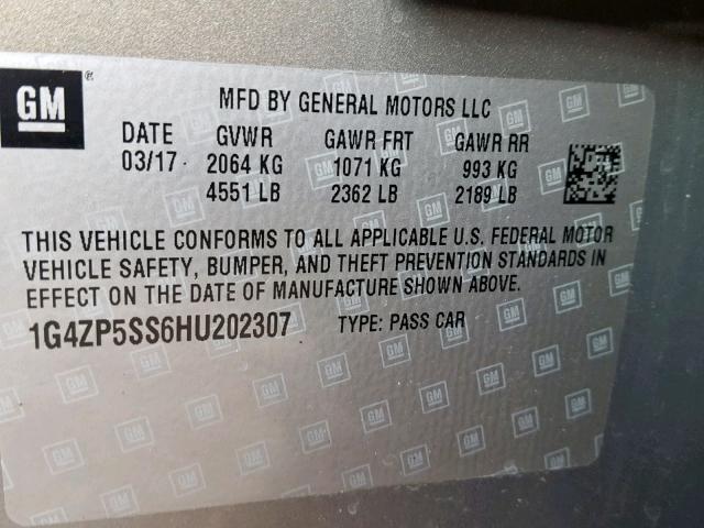 1G4ZP5SS6HU202307 - 2017 BUICK LACROSSE E CHARCOAL photo 10