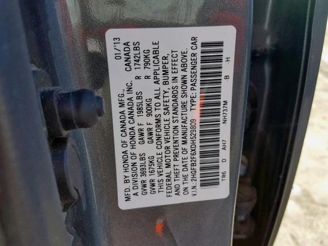 2HGFB2F6XDH529809 - 2013 HONDA CIVIC HF GRAY photo 10