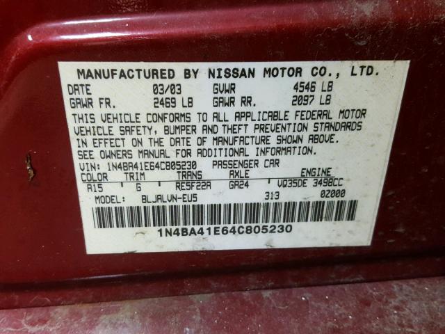 1N4BA41E64C805230 - 2004 NISSAN MAXIMA SE RED photo 10