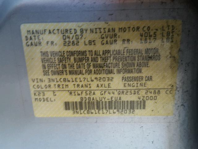 3N1CB61E17L692032 - 2007 NISSAN SENTRA SE- SILVER photo 10