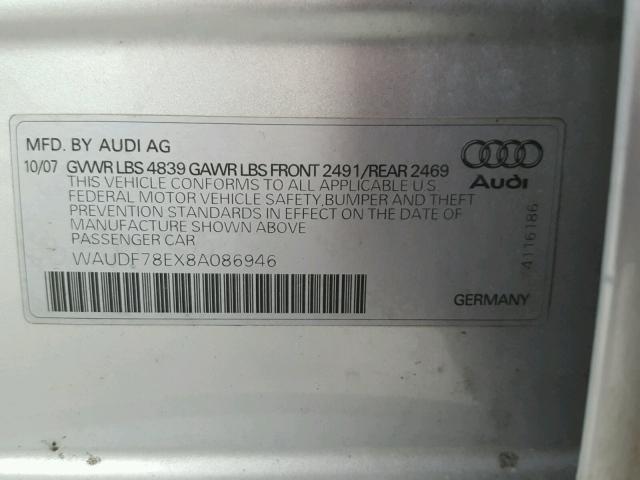 WAUDF78EX8A086946 - 2008 AUDI A4 2.0T QU SILVER photo 10