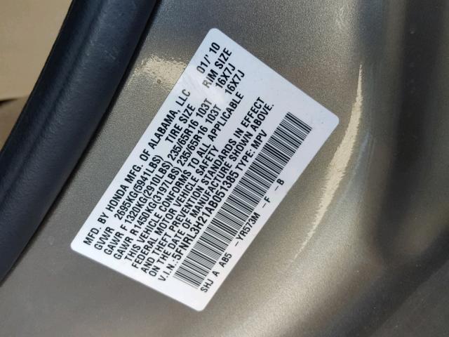 5FNRL3H21AB051385 - 2010 HONDA ODYSSEY LX GOLD photo 10