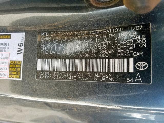 JTKDE167280262880 - 2008 TOYOTA SCION TC ნაცრისფერი ფოტო 10