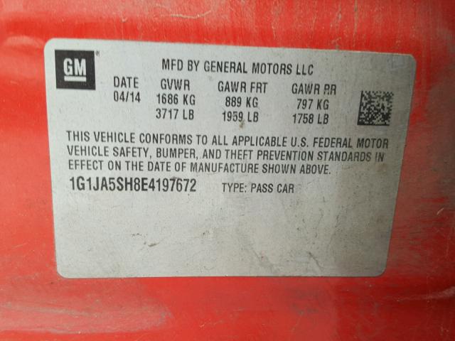 1G1JA5SH8E4197672 - 2014 CHEVROLET SONIC LS RED photo 10