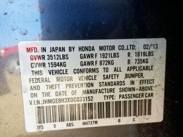 JHMGE8H3XDC033152 - 2013 HONDA FIT GRAY photo 10