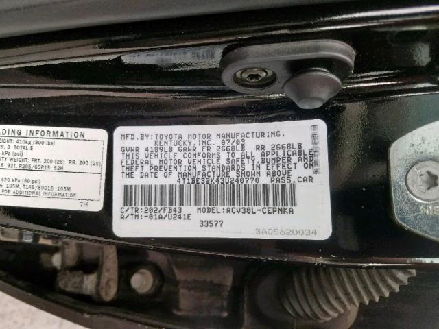 4T1BE32K43U240770 - 2003 TOYOTA CAMRY LE BLACK photo 10