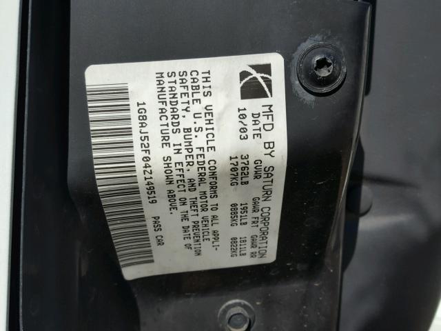 1G8AJ52F04Z149519 - 2004 SATURN ION LEVEL WHITE photo 10